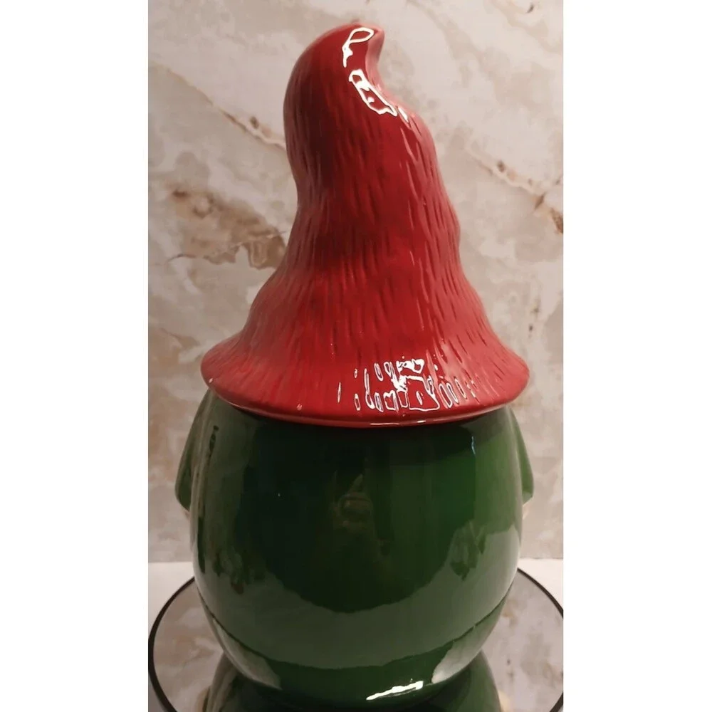 2014 Gnome Christmas Cookie Jar Ceramic Red Hat Sleigh Bell Bistro 10